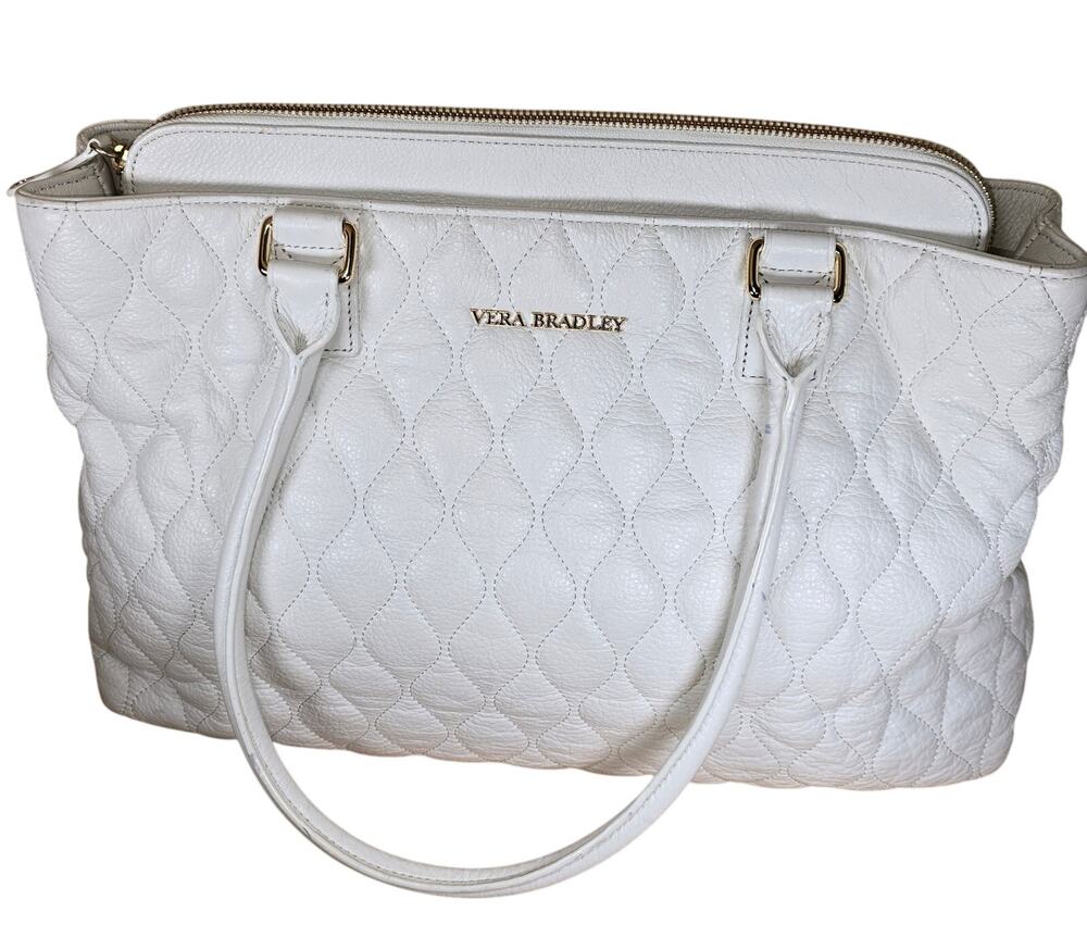 Vera Bradley Large White Quilted Leather Ella Bag Purse Handbag Hobo Tote